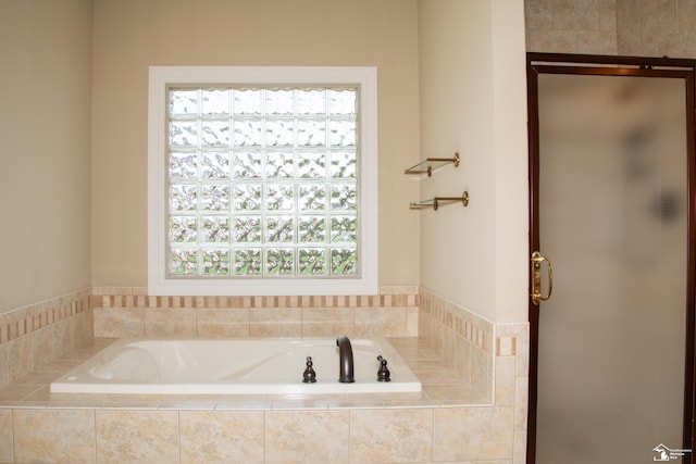 bathroom with a stall shower and a bath