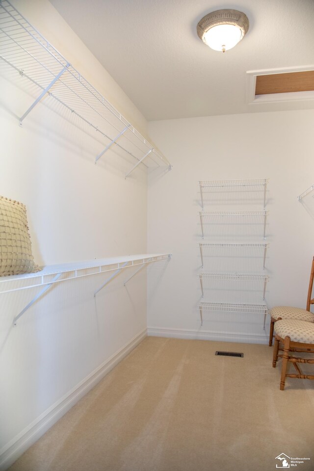 spacious closet featuring light carpet and attic access