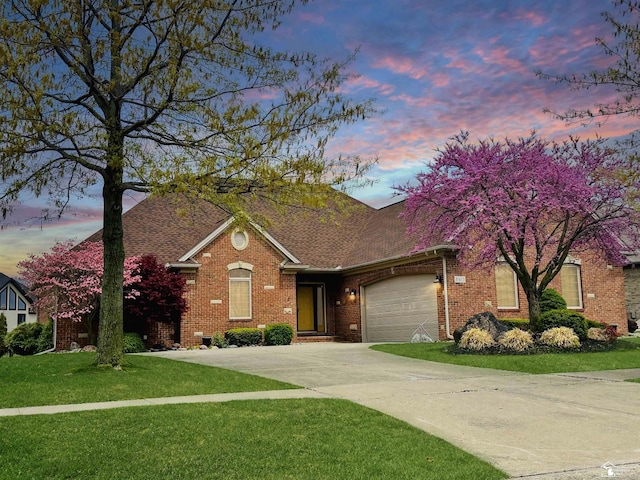 traditional-style house with a garage, a lawn, brick siding, and driveway