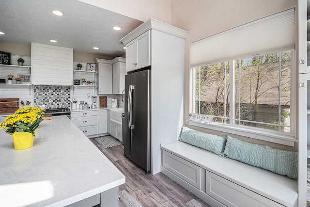 7379 Wimpole Dr NE, Belding, MI 48809 - kitchen featuring open shelves, stainless steel appliances, backsplash, light wood-style floors, and recessed lighting