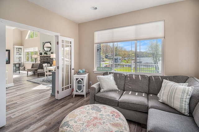 7379 Wimpole Dr NE, Belding, MI 48809 - living room featuring wood finished floors, a stone fireplace, and recessed lighting