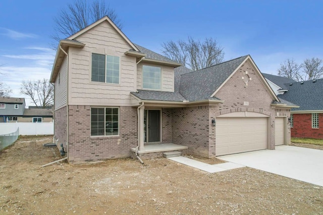 53302 Zachary Dr, Chesterfield, MI 48047 - view of front of home featuring a garage, driveway, brick siding, fence, and a shingled roof