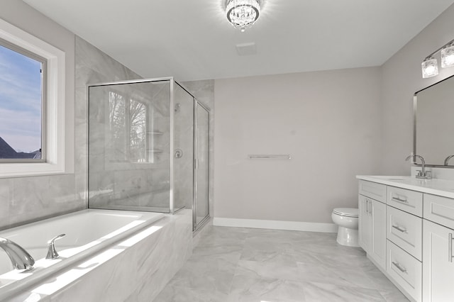 53302 Zachary Dr, Chesterfield, MI 48047 - bathroom featuring marble finish floors, a shower stall, vanity, a garden tub, and toilet