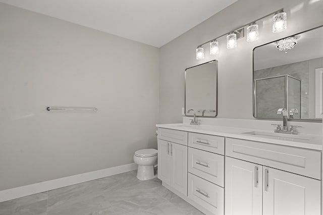 53302 Zachary Dr, Chesterfield, MI 48047 - full bath featuring marble finish floors, a shower stall, baseboards, double vanity, and toilet