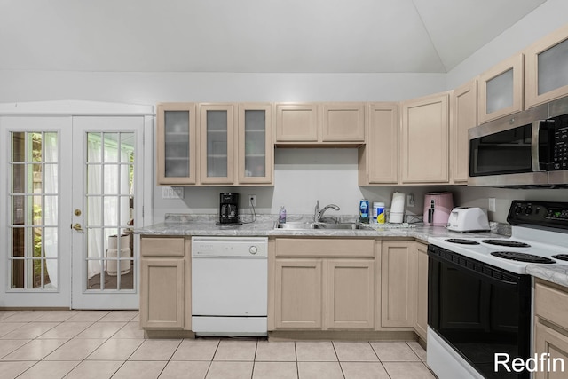 16153 Krob Rd, Union Pier, MI 49129 - kitchen featuring dishwasher, electric range oven, stainless steel microwave, a sink, and lofted ceiling