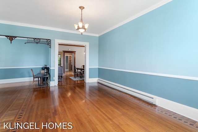 223 E Savidge St, Spring Lake, MI 49456 - dining space with a chandelier, wood finished floors, crown molding, baseboards, and a baseboard radiator