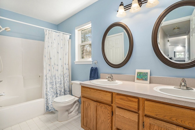 full bathroom with tile patterned flooring, toilet, double vanity, and shower / bathtub combination with curtain