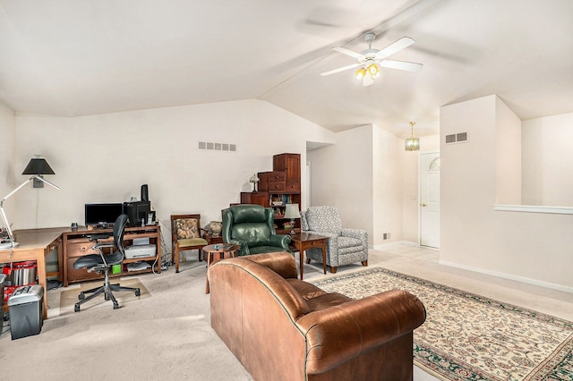 office with vaulted ceiling, a ceiling fan, and light carpet