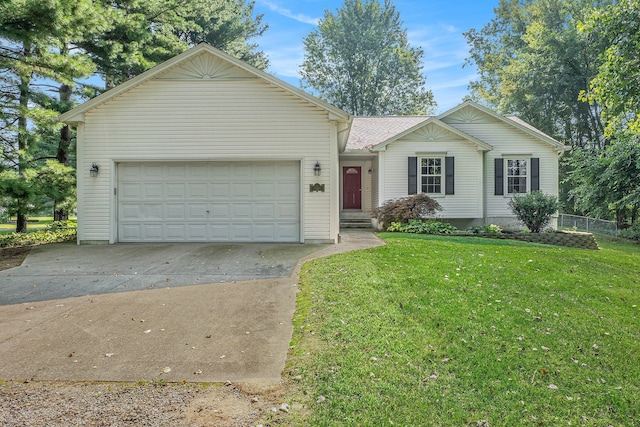 single story home featuring driveway, a garage, and a front yard