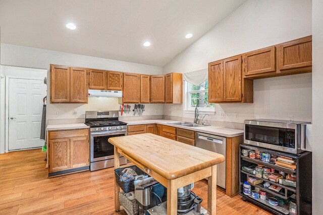 kitchen featuring appliances with stainless steel finishes, under cabinet range hood, a sink, light countertops, and lofted ceiling