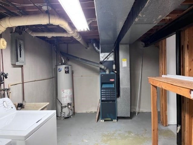 9455 N Parkwood Dr, Davison, MI 48423 - unfinished below grade area with gas water heater, washer / dryer, electric panel, and heating unit
