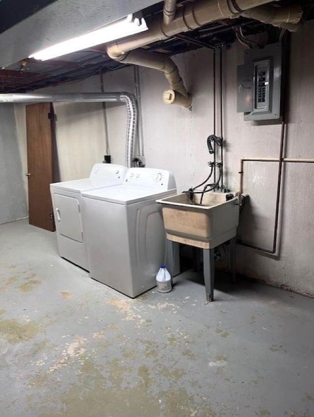 9455 N Parkwood Dr, Davison, MI 48423 - unfinished basement with washer and dryer, electric panel, and a sink