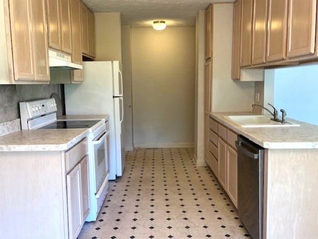 9455 N Parkwood Dr, Davison, MI 48423 - kitchen featuring white electric stove, dishwasher, under cabinet range hood, light floors, and a sink