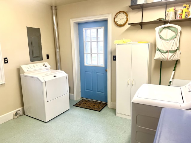 103 Lukesport Dr, Quincy, MI 49082 - clothes washing area featuring electric panel, washer and clothes dryer, light floors, and baseboards