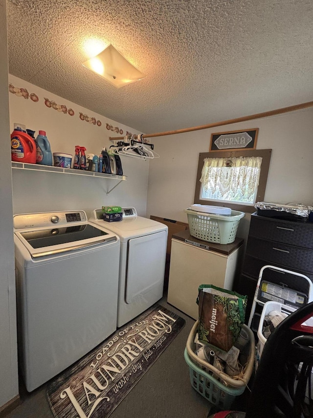 410 S Union St, Hart, MI 49420 - laundry room featuring separate washer and dryer, a textured ceiling, and carpet flooring
