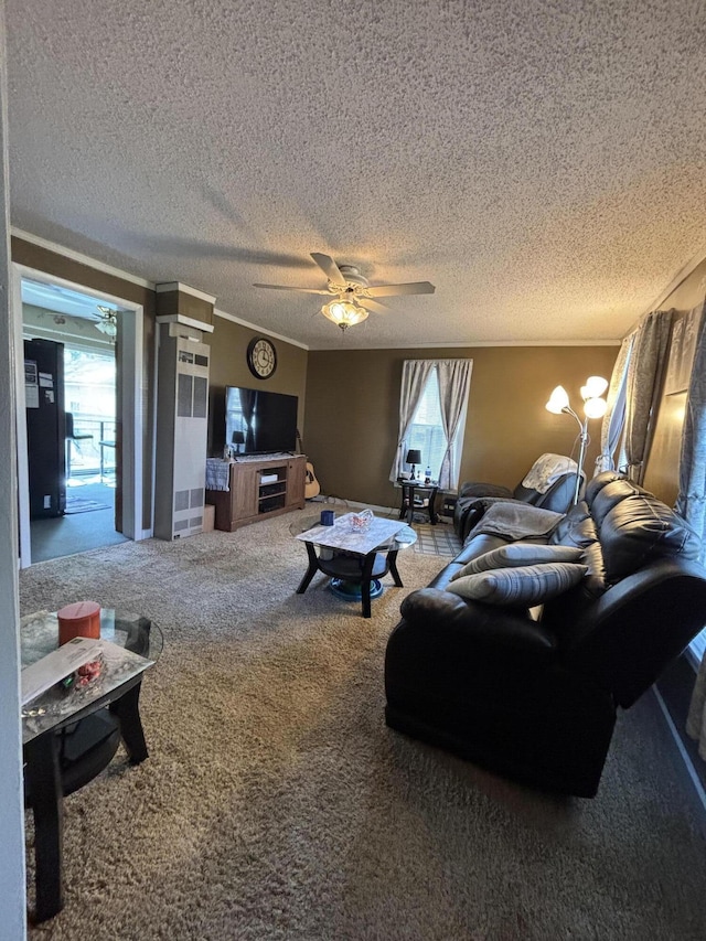 410 S Union St, Hart, MI 49420 - living room featuring carpet floors, a textured ceiling, ceiling fan, and ornamental molding