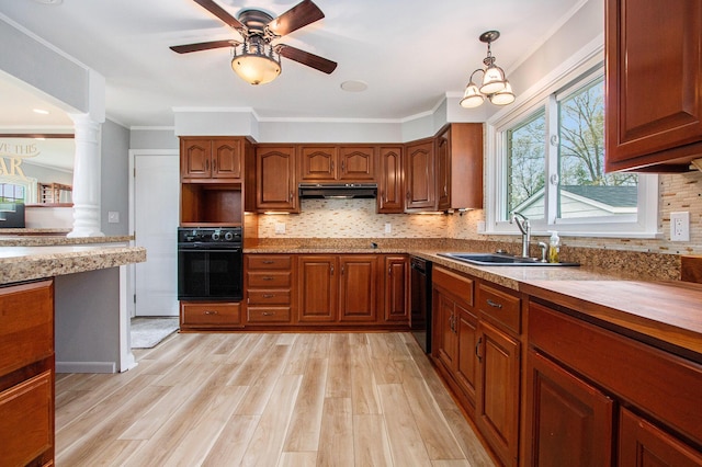 1507 Pinehurst Ln, Niles, MI 49120 - kitchen featuring black appliances, a sink, under cabinet range hood, light wood-style flooring, and backsplash