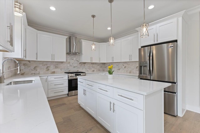 3408 Eastern Ave, Rochester Hills, MI 48307 - kitchen featuring wall chimney exhaust hood, appliances with stainless steel finishes, a sink, light wood-style floors, and recessed lighting