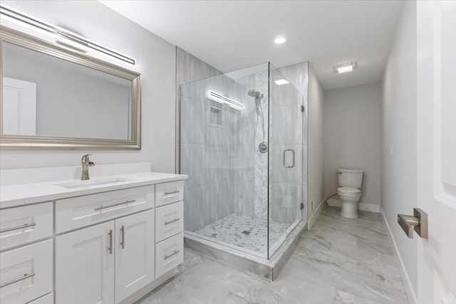 3408 Eastern Ave, Rochester Hills, MI 48307 - bathroom with baseboards, a shower stall, marble finish flooring, toilet, and vanity