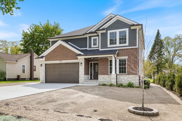 3408 Eastern Ave, Rochester Hills, MI 48307 - view of front of home featuring stone siding, concrete driveway, an attached garage, a porch, and a shingled roof