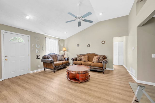 4953 Clintonville Rd, Clarkston, MI 48346 - living area featuring ceiling fan, vaulted ceiling, light wood-style flooring, baseboards, and recessed lighting