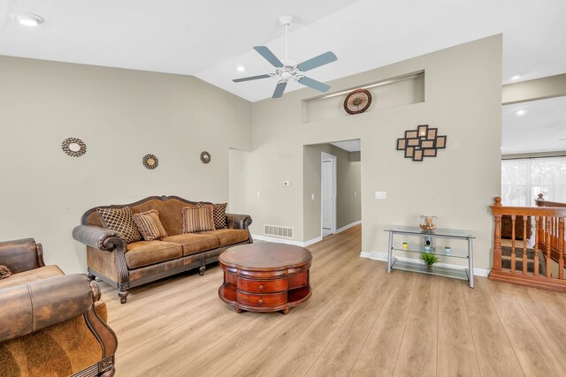 4953 Clintonville Rd, Clarkston, MI 48346 - living room with ceiling fan, light wood-type flooring, lofted ceiling, recessed lighting, and baseboards