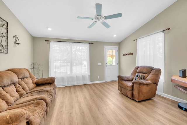 4953 Clintonville Rd, Clarkston, MI 48346 - living room with a ceiling fan, light wood finished floors, lofted ceiling, baseboards, and recessed lighting