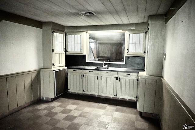 330 Devonshire St, Dearborn, MI 48124 - kitchen featuring dark floors, wainscoting, white cabinetry, and dark countertops