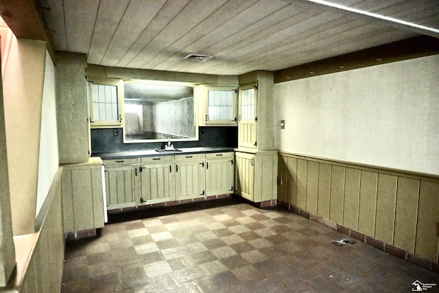 330 Devonshire St, Dearborn, MI 48124 - kitchen featuring dark flooring, wainscoting, cream cabinetry, wooden ceiling, and dark countertops
