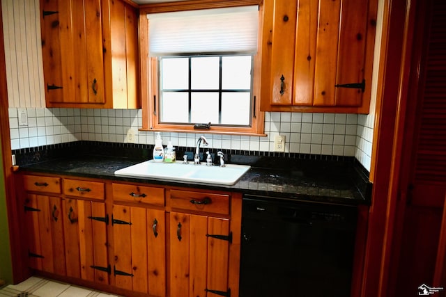 330 Devonshire St, Dearborn, MI 48124 - kitchen with dishwasher, dark countertops, tasteful backsplash, and brown cabinetry