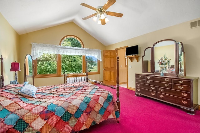9695 36th St S, Scotts, MI 49088 - bedroom with vaulted ceiling, carpet flooring, a ceiling fan, and baseboards