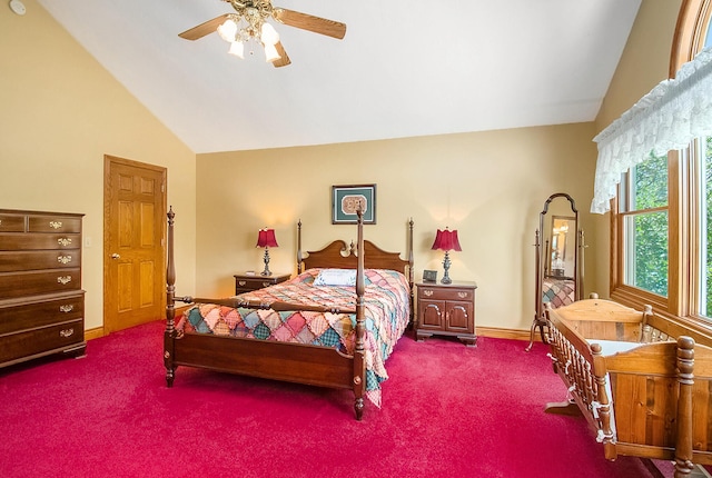 9695 36th St S, Scotts, MI 49088 - bedroom featuring vaulted ceiling, carpet, baseboards, and ceiling fan