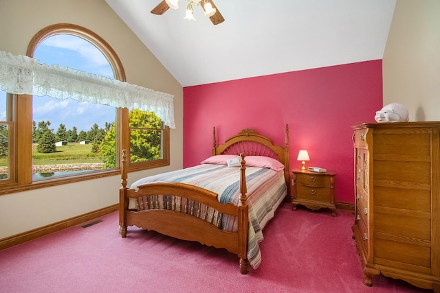 9695 36th St S, Scotts, MI 49088 - carpeted bedroom featuring vaulted ceiling, multiple windows, baseboards, and a ceiling fan