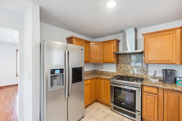 1975 Oldtown Ave, West Bloomfield, MI 48324 - kitchen featuring stainless steel appliances, wall chimney exhaust hood, light stone countertops, decorative backsplash, and brown cabinetry