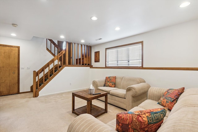 1975 Oldtown Ave, West Bloomfield, MI 48324 - living room with stairs, light carpet, recessed lighting, and baseboards