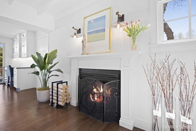 detailed view of wood finished floors and a warm lit fireplace