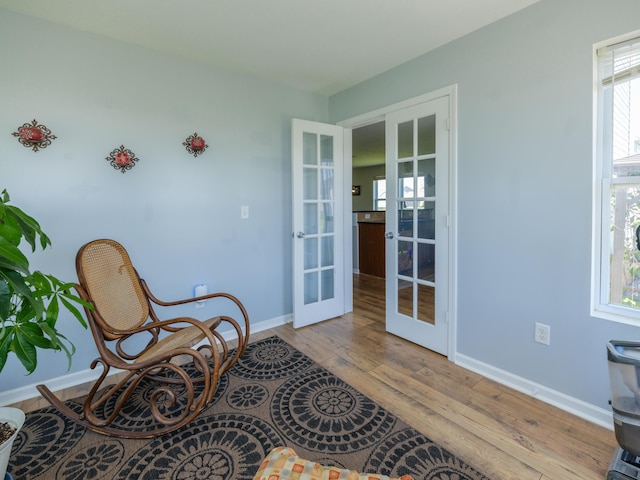 living area featuring french doors, wood finished floors, baseboards, and plenty of natural light