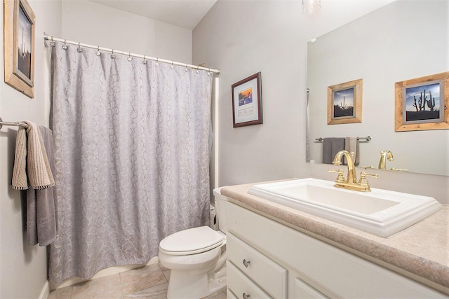 full bath with toilet, tile patterned floors, vanity, and a shower with shower curtain