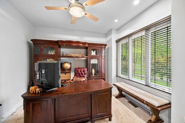 home office with light carpet, healthy amount of natural light, ceiling fan, baseboards, and recessed lighting
