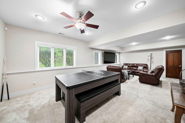rec room with light colored carpet, ceiling fan, baseboards, and recessed lighting