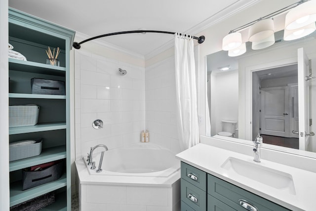 bathroom featuring crown molding, vanity, and shower / tub combo with curtain