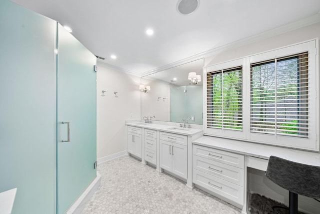 bathroom featuring ornamental molding, a stall shower, recessed lighting, double vanity, and baseboards
