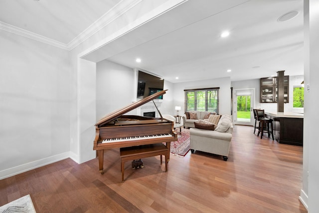 living area with wood finished floors, ornamental molding, baseboards, and recessed lighting