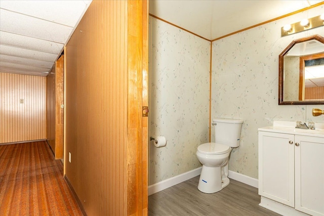bathroom with wood finished floors, toilet, and vanity