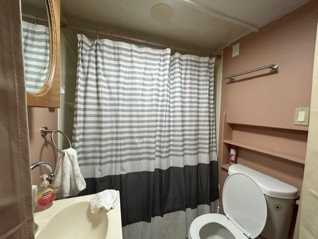 full bath featuring toilet, a sink, and curtained shower