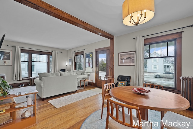 625 Leonard St NE, Grand Rapids, MI 49503 - dining area featuring healthy amount of natural light, wood finished floors, radiator heating unit, and beamed ceiling