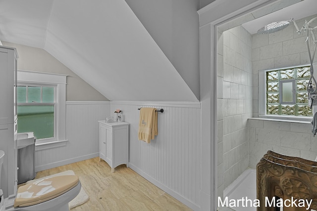 625 Leonard St NE, Grand Rapids, MI 49503 - full bathroom with a tile shower, vaulted ceiling, toilet, and a wainscoted wall