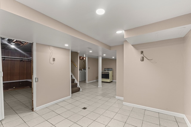 18310 Harman St, Melvindale, MI 48122 - finished basement with washer / clothes dryer, baseboards, recessed lighting, stairway, and light tile patterned flooring