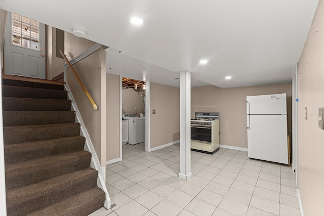 18310 Harman St, Melvindale, MI 48122 - interior space featuring freestanding refrigerator, independent washer and dryer, stairway, recessed lighting, and baseboards