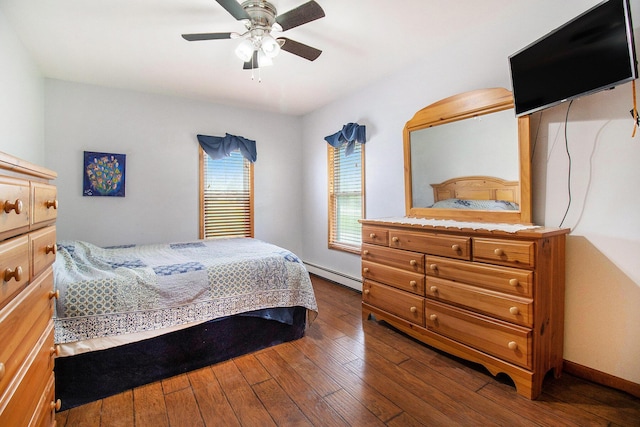 185 S Madison Ave, Custer, MI 49405 - bedroom with baseboard heating, dark wood-type flooring, and a ceiling fan